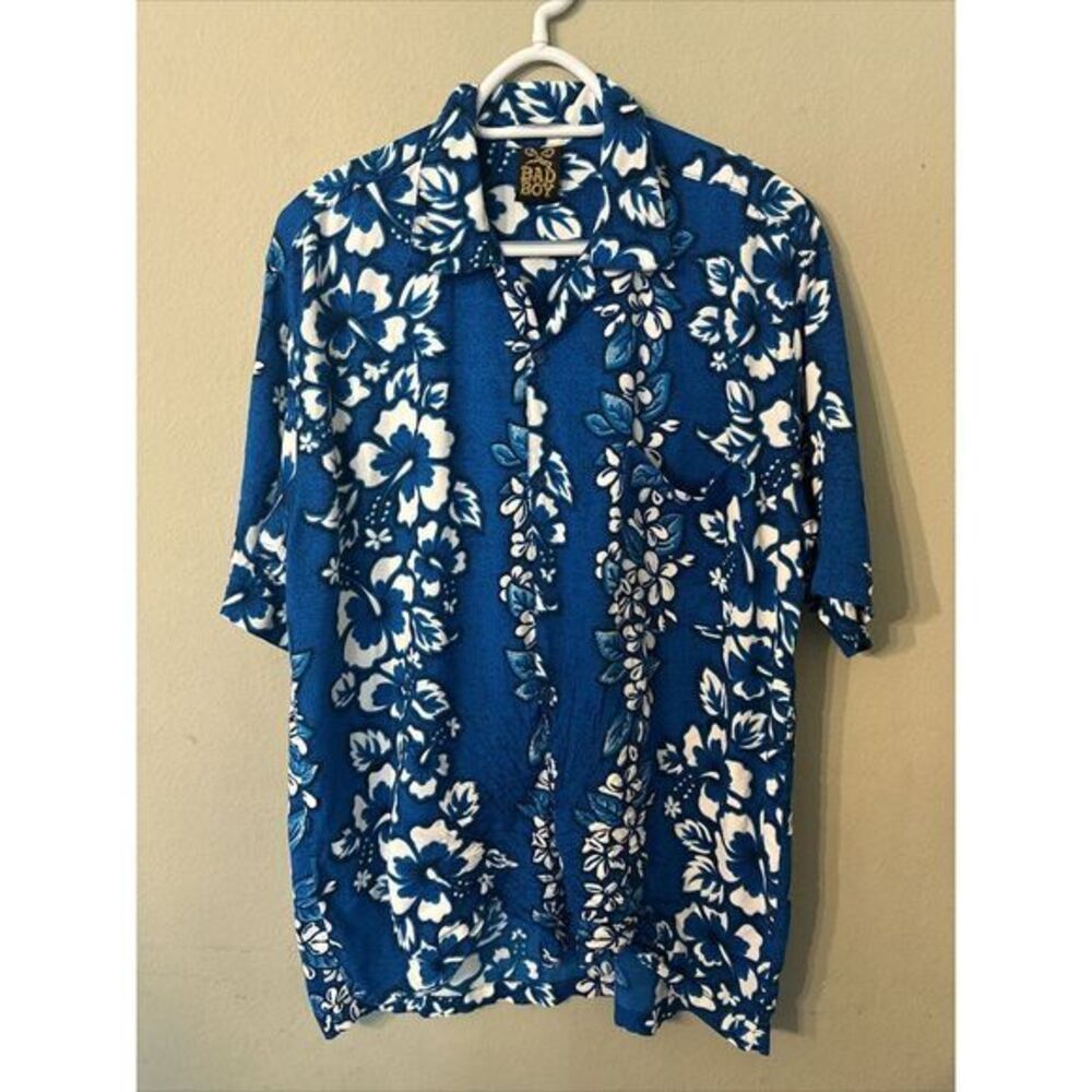 VTG Bad Boy Button Up Shirt Mens Large‎ Hawaiian Floral Blue Short Sleeve Read